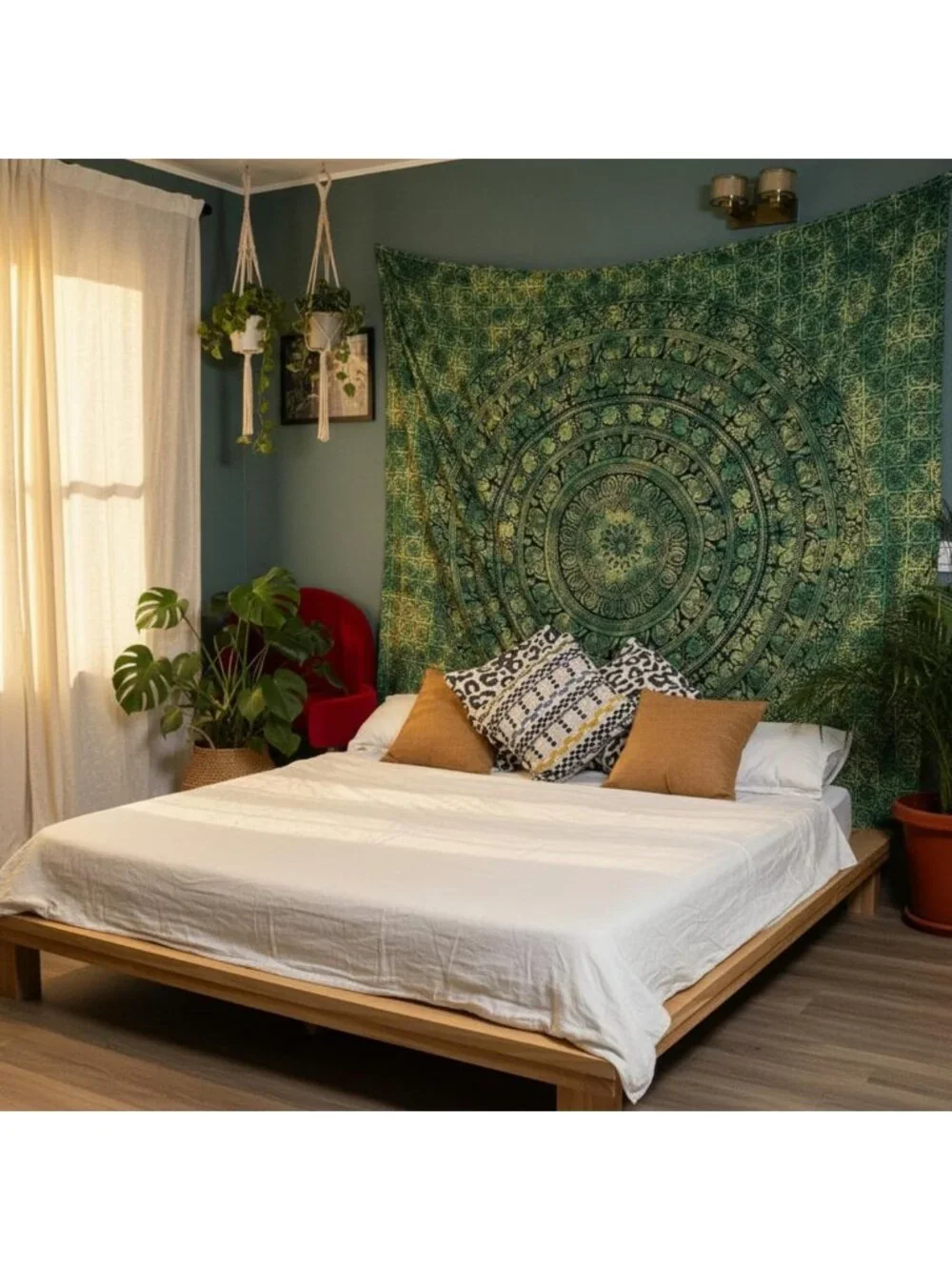 Aesthetic Boho Mandala Wall Tapestry - Indian Cotton Green Decor for Living Room